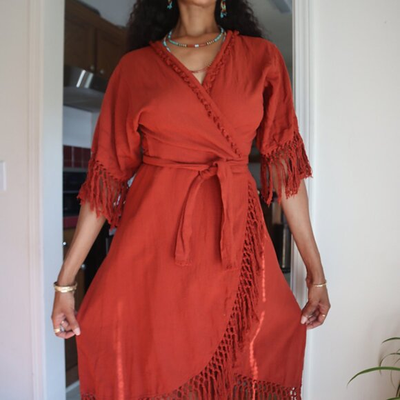Organic Boho Linen Wrap Dress w/ Fringe - Picture 4 of 5